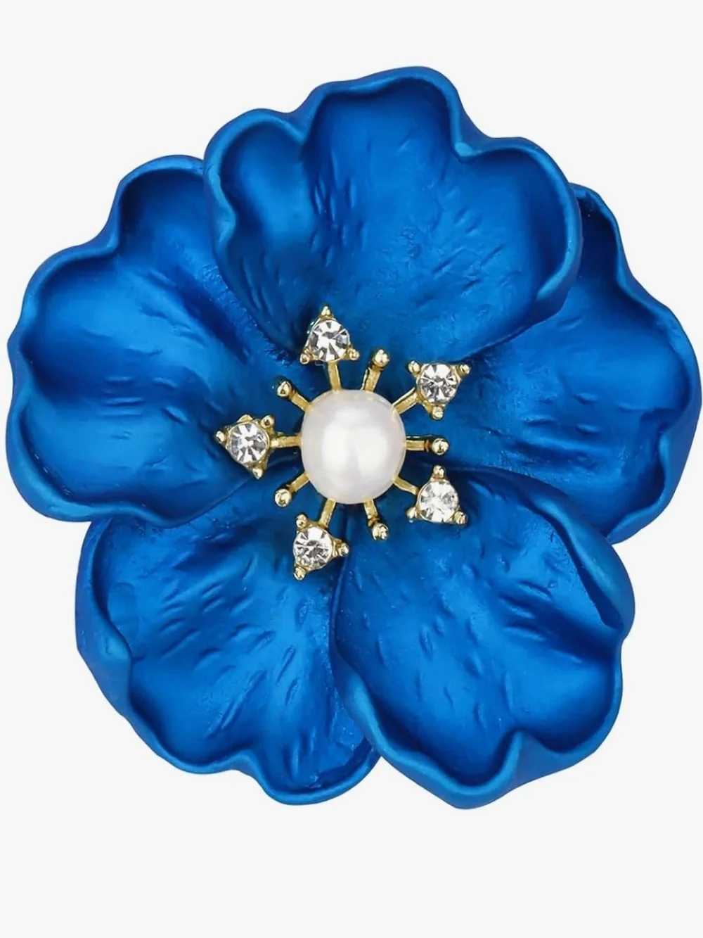 Anthropologie Cobalt Blue Floral Brooch with Rhinestone Center